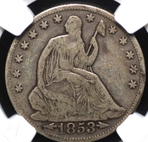 1853 O ARROWS AND RAYS SEATED LIBERTY HALF DOLLAR NGC CHOICE FINE 15 LIGHT AND