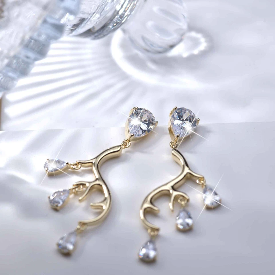 Gold horn antler stud simulated diamond cz earrings 925 silver dangle tear drop Foto 2 de 4