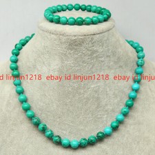 Natural 10mm Green Turquoise Round Gemstone Beads Necklace Bracelet Set 18/7.5''