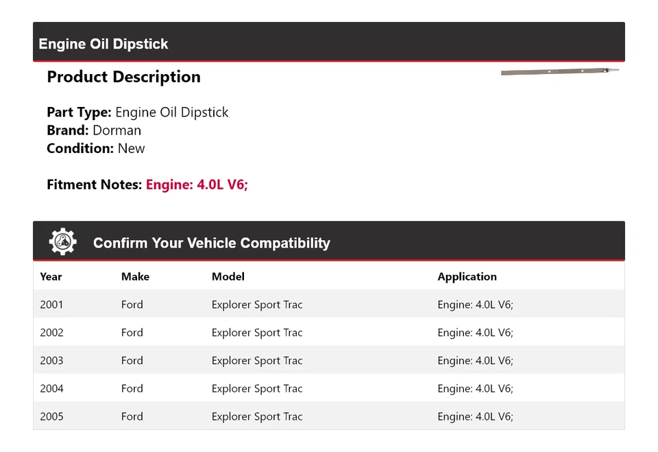 For 2001-2005 Ford Explorer Sport Trac 4.0L V6 Dorman Engine Oil Dipstick 2002 - Image 2 of 4