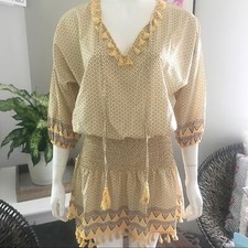 Yellow Tassel Boho 3/4 Length Sleeve Dress w/Shirred Waistband | Women's Sz. Med