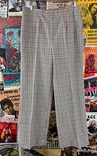 Vintage Women's 60s-70s High Rise Green Red Houndstooth Plaid Trousers