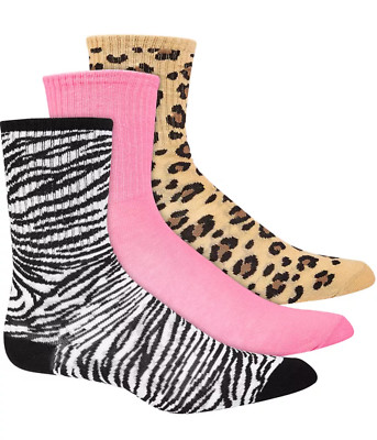 JENNI Women's 3-Pack Animal Print Crew Socks One Size Leopard Cheetah Pink Black