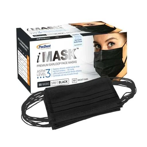 Pac-Dent MASKT-06BK iMask Premium Ear Loop Face Masks ASTM Level 3 Black 50/Bx