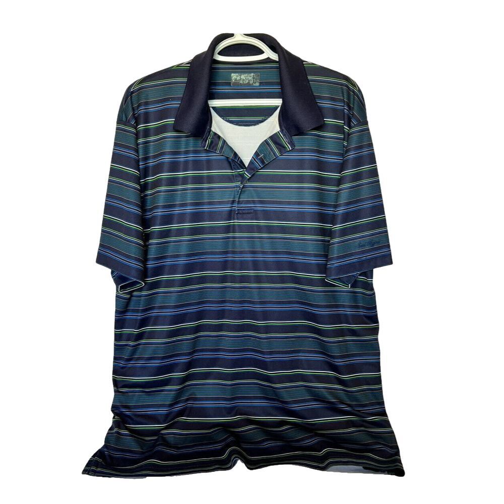 Ben Hogan Men's Size Large Blue, Green White Striped Golf Polo- Logo on Sleeve