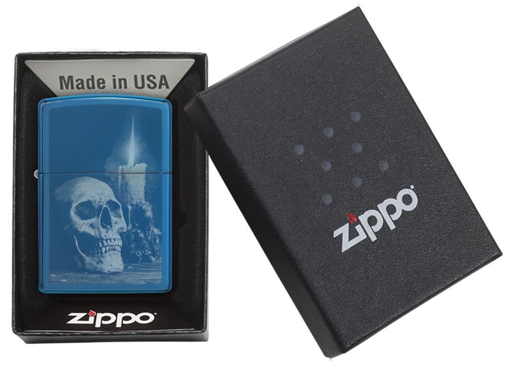 Zippo Windproof Sapphire Blue Lighter With Skull & Candle, 29704, New In Box