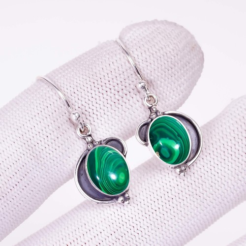 Malachite Gemstone 925 Sterling Silver Jewelry Earring, Designer Earring - Picture 2 of 4