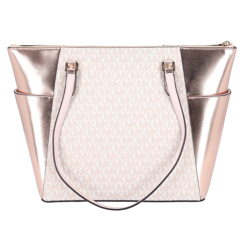 Bolso de Mano Michael Kors Charlotte Grande Firma Logo Metálico Top Cremallera Oro Rosa Foto 4 de 4