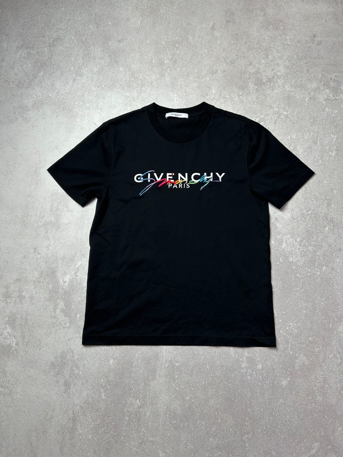 Givenchy Paris Rainbow Signature Logo T-Shirt Black Cotton Size S Cuban Fit