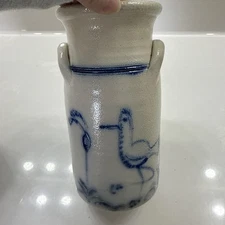 Jamestown Pottery Vase Crock Bird Hand Thrown Salt Glaze 8” Tall 3 7/8” Wide