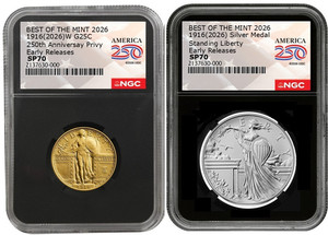 Pre 2026 W Standing Liberty Gold Coin &Silver Medal Set NGC SP70 ER W/OGP #2830B