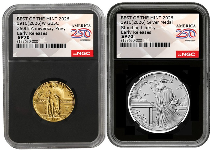 Pre 2026 W Standing Liberty Gold Coin &Silver Medal Set NGC SP70 ER W/OGP #2830B