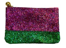 Ipsy Pink Green Glitter Faux Leather Makeup Bag with Zipper 7 x 5 x 1 in