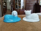 Vtg Slag Glass & Milk Glass Dog & Cat On A Nest Lid Lot #A1