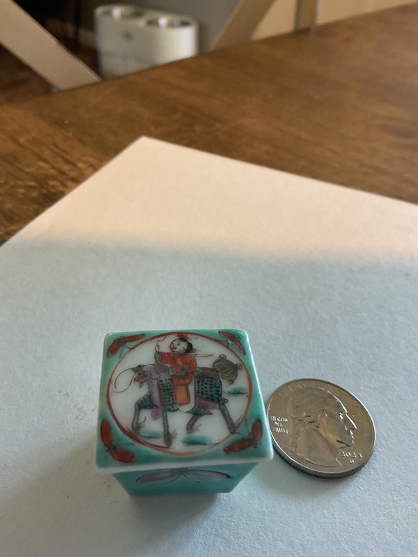 Tiny Antique Chinese  Square Porcelain Salt Cellars , Trinket ,Pill ,orSnuff Box