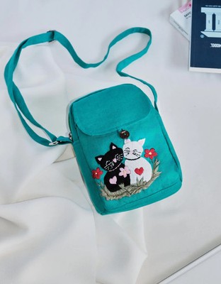 Handmade Crossbody Bag with ''Kitty'' Embroidery Turquoise