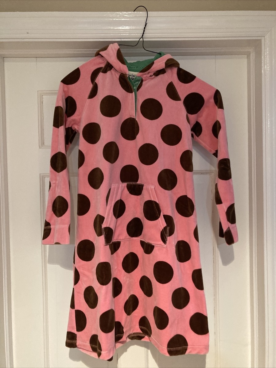 Mini Boden Velour Pink Brown long sleeve hooded Polka Dot Dress Sz 11-12  Years