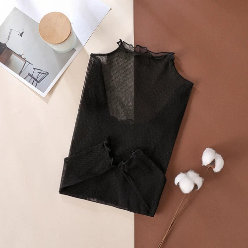 Damen transparentes Netz T-Shirt Bluse Langarm schmal Pullover Stehkragen Tops Shirt - Bild 14 von 17