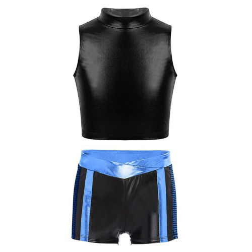 Girls Gymnastic Dance Sets Shiny Metallic Crop Top Shorts Jazz Hip Hop Dancewear - Picture 5 of 27