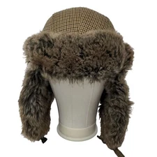 Unbranded Men's Trapper Hat Brown Check 57/M Vegan Fur Lining 100% Polyester