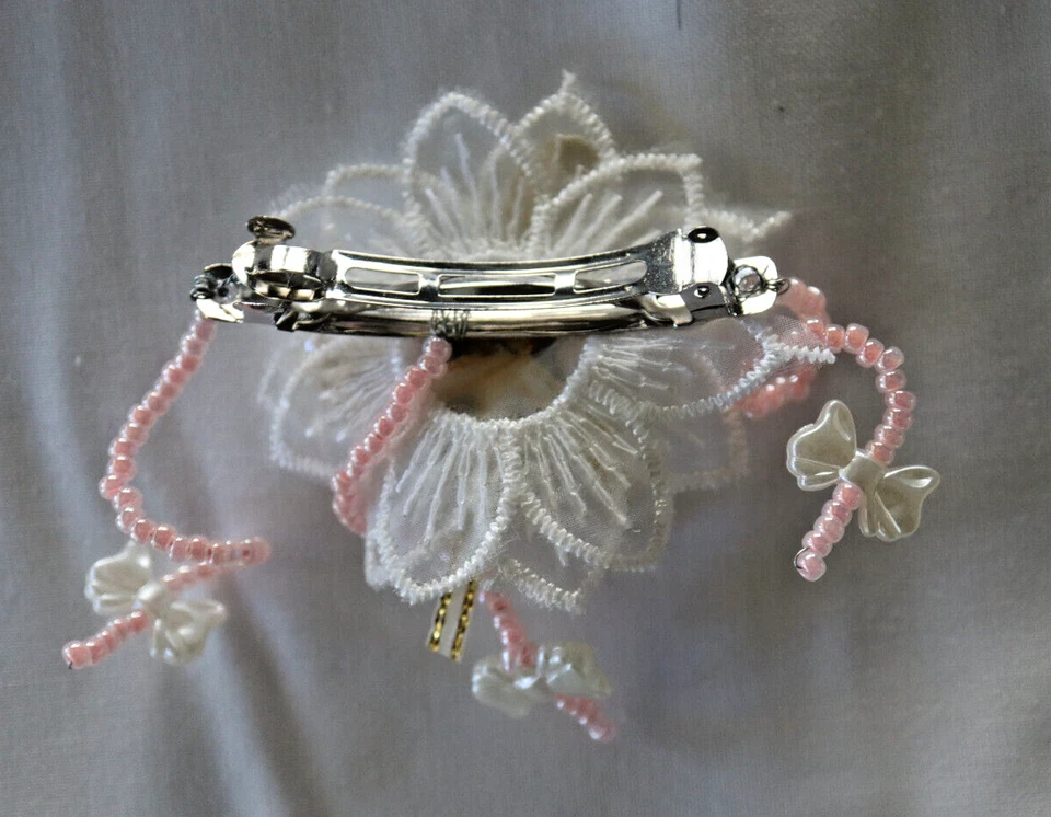 BARRETTE 手工串珠法国发夹双白色蕾丝花朵带蝴蝶结 2 — 第 2/2 张图片