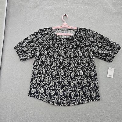 Croft & Barrow Women Blouse XL Black Floral Crew Neck Balloon Sleeve  NWT