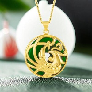 Authentic Real Jade Phoenix Pendant Necklace Natural Jewelry 18K Gold Plated Energy