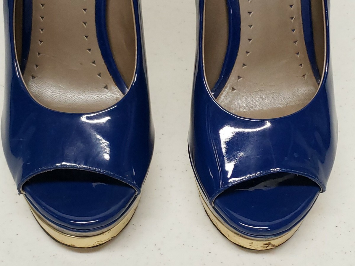 VERSACE BLUE PATENT LEATHER PEEP TOE DOUBLE PLATFORM HEELS