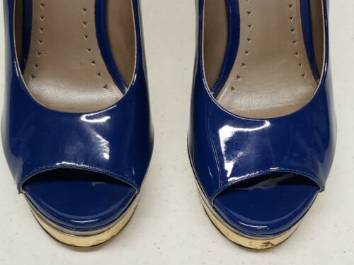 VERSACE BLUE PATENT LEATHER PEEP TOE DOUBLE PLATFORM HEELS PUMPS 36.5 US 6.5 - Picture 3 of 12