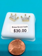 14K Yellow Gold Plated CZ Crown Studs Earrings For Men/Women Screw On Backs