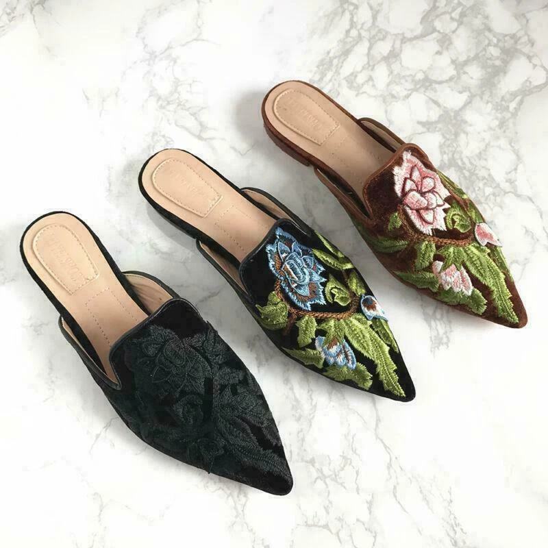 Mujer Floral Terciopelo Punta Mules Informal Zapatillas Zapatos Bomba Foto 2 de 4