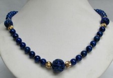 BEAUTIFUL ESTATE GOLD FLECK LAPIS LAZULI CARVED  14K GOLD BEADS 28" NECKLACE