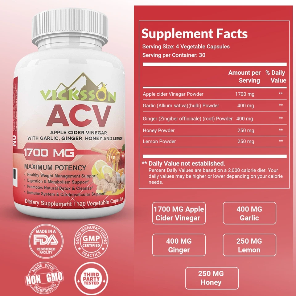 Vicksson Apple Cider Vinegar Pills 1700 mg ACV with Garlic, Ginger, Lemon, 120CT - Image 3 of 4