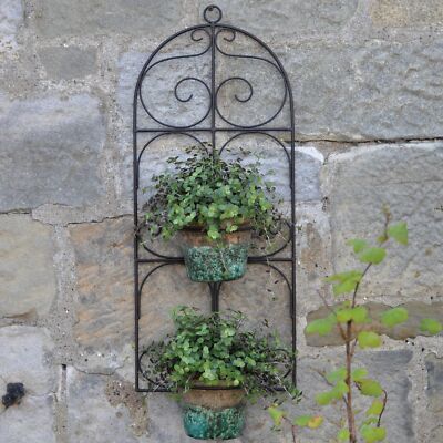 Garden Scroll Metal Double Plant Pot Holder - Wall Mounted Brown Distressed  | eBay