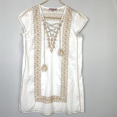 Calypso St. Barth Sz Small White Embroidered Cotton Lace Up Tassel Tunic Dress