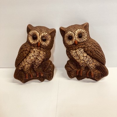 Vtg Great Horned Owl Pair Wall Hanging mcm 1970s plaque retro mid century (2 Pc)