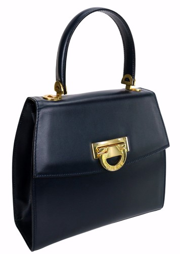 Vintage CELINE Navy Gold Boxcalf Leather Top Handle Tote Bag Italy Excellent!