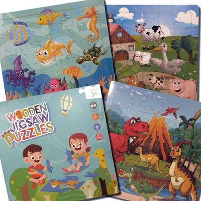 Wooden 35 pc Puzzles for Children 3-5 Years Old Set of 3 Animal Theme