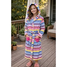 Lands' End Girls Rainbow Robe Strip Fleece Heart Pockets Colorful Size 12