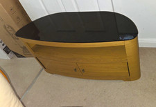Wood TV Stand Black Glass Top, Oval, 2 Hinged Doors, 1 Shelf, Assembled
