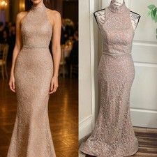 Portia Scarlett Embellished High-Neck Halter Mermaid Gown Pink Silver Sz S