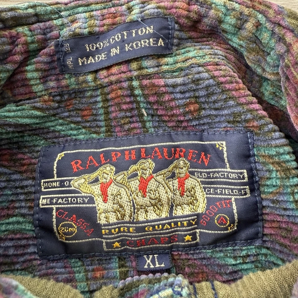 Vintage 90s Ralph Lauren Men XL Thick Corduroy Cotton Paisley Chaps Button Shirt - Image 2 of 4