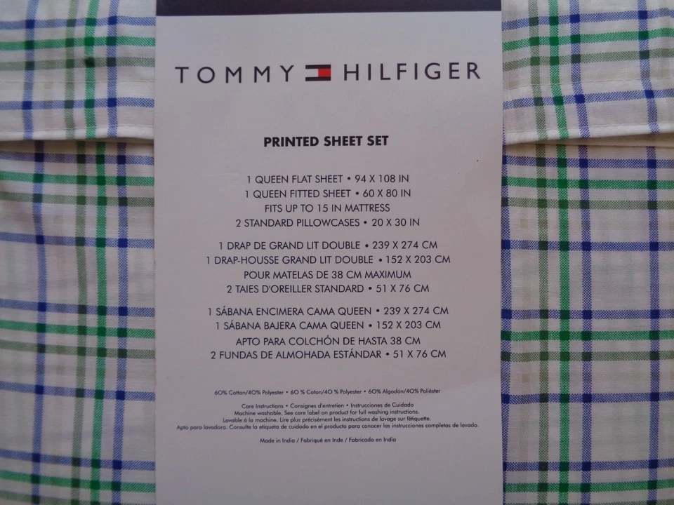 Tommy Hilfiger White Blue Green Windowpane Plaid Queen Printed Sheet Set Cotton - Image 4 of 4