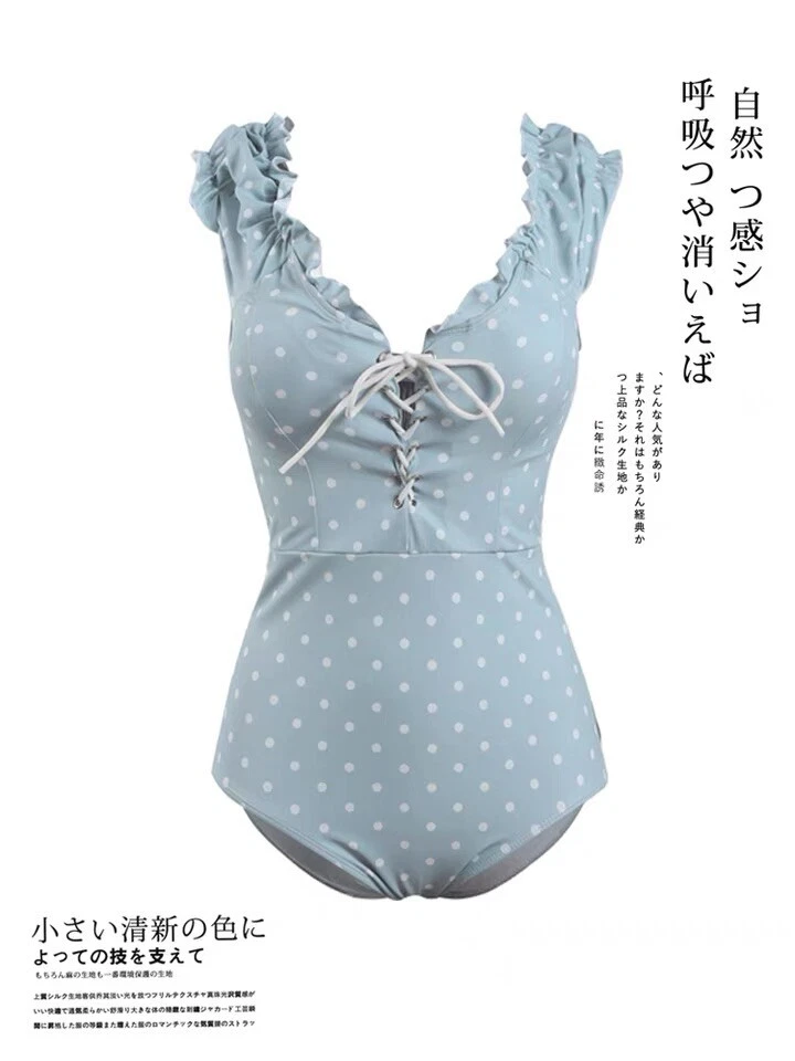 Lindo traje de baño para mujer azul pálido a lunares japonés coreano de una pieza hawaiano Foto 2 de 4