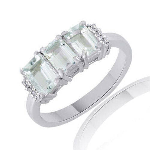 Three Stone Emerald Aquamarine White Topaz Sterling Silver Wedding Band-image