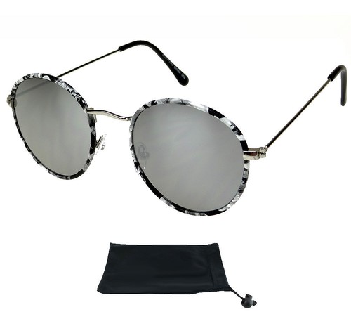 Classic Casual Round Sunglasses Thin Metal Frame Grey Blue Silver Mirror - Picture 9 of 11