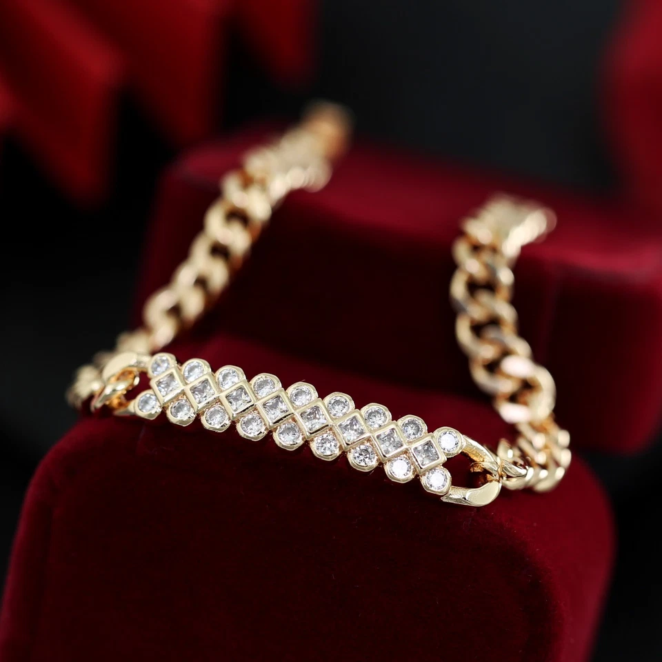 18K ROSE GOLD GF CROSS PAVED ID BAR DIAMOND CUT CURB LINK CHAIN BANGLE BRACELET Foto 4 de 4