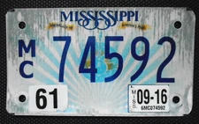 2016 Mississippi Motorcycle License Plate Expired Plate