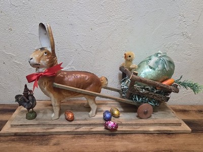 Antikes Osterhasen Gespann Füll Box Candy Container mit Wagen Pappmache alter