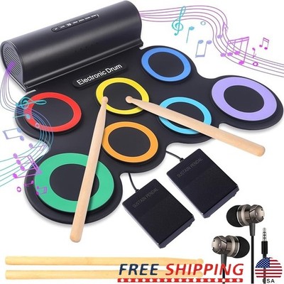 Portable Roll-Up Electronic Drum Kit Rechargeable Dual Speakers Headphone Jack
